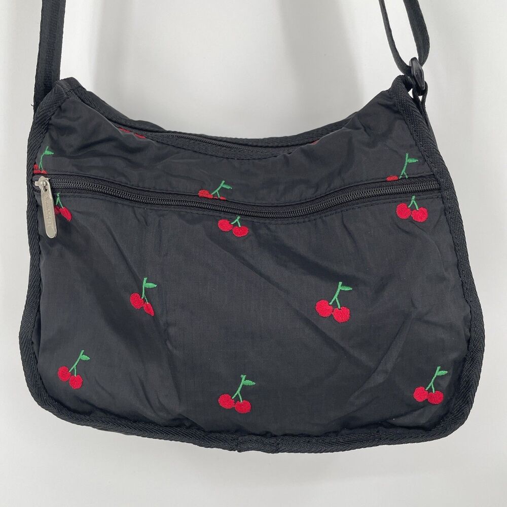 LeSportsac HTF Red Cherries Embroidered Shoulder Bag Purse Clean Black - Picture 2 of 10